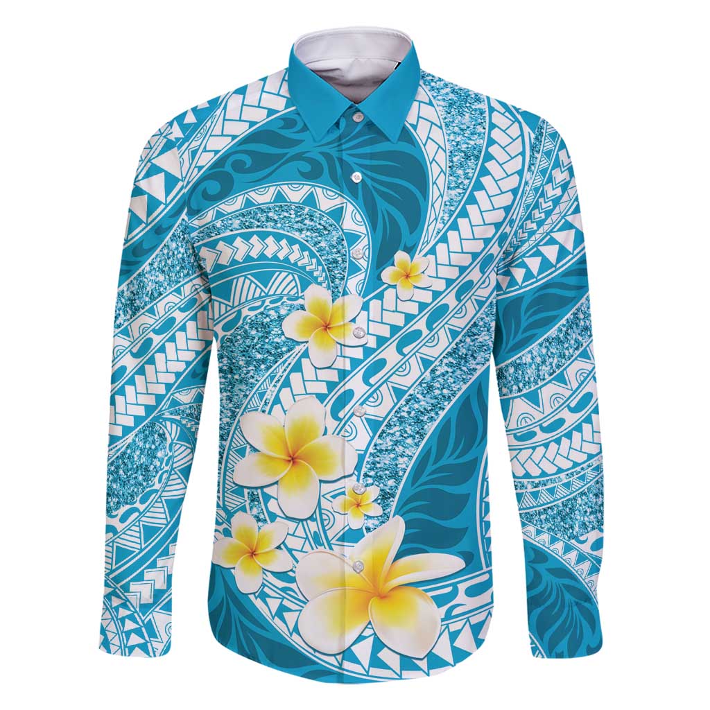 Plumeria Polynesian Sky Blue Glitter Pattern Family Matching Tank Maxi Dress and Hawaiian Shirt LT01 Dad's Shirt - Long Sleeve Sky Blue - Polynesian Pride