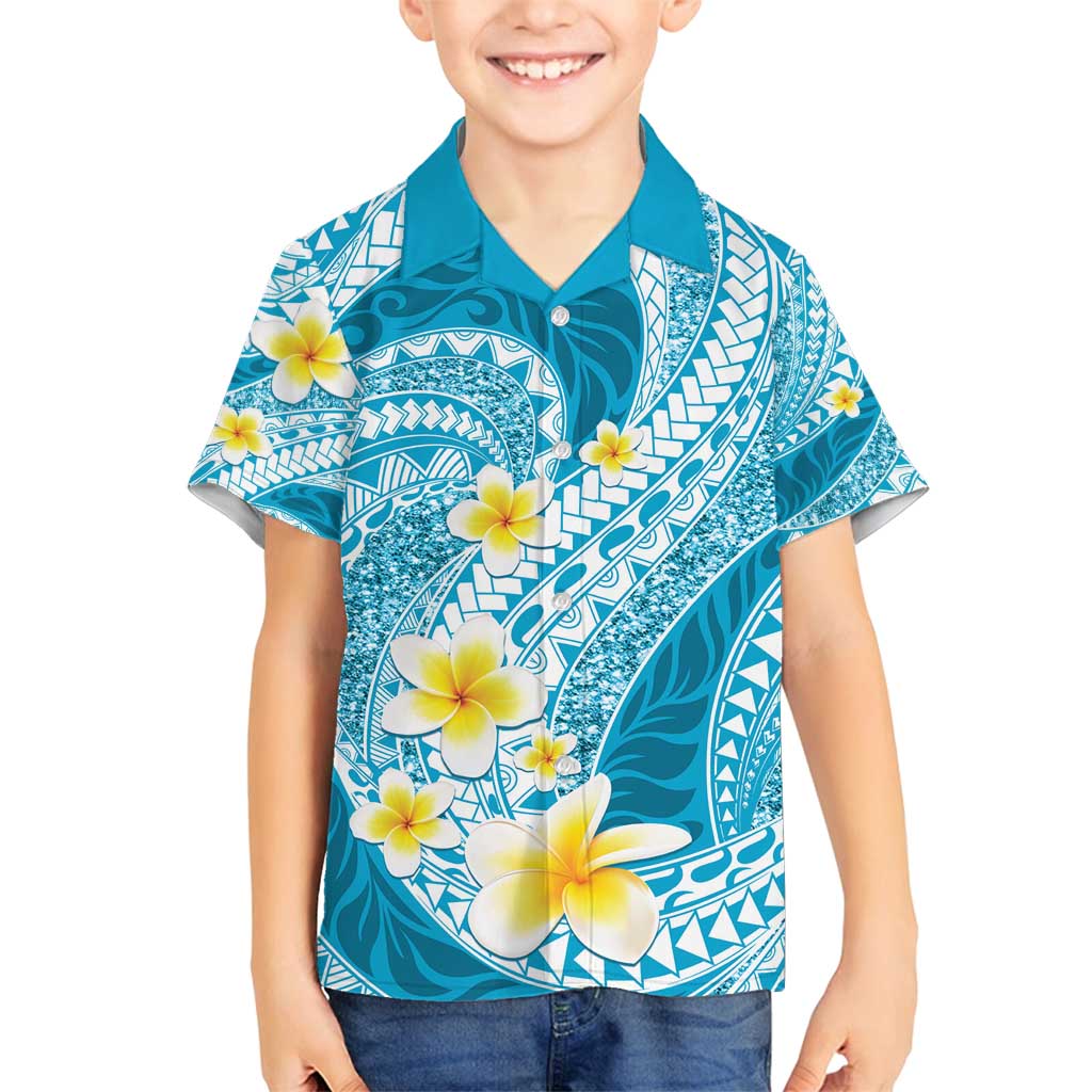 Plumeria Polynesian Sky Blue Glitter Pattern Family Matching Tank Maxi Dress and Hawaiian Shirt LT01 Son's Shirt Sky Blue - Polynesian Pride