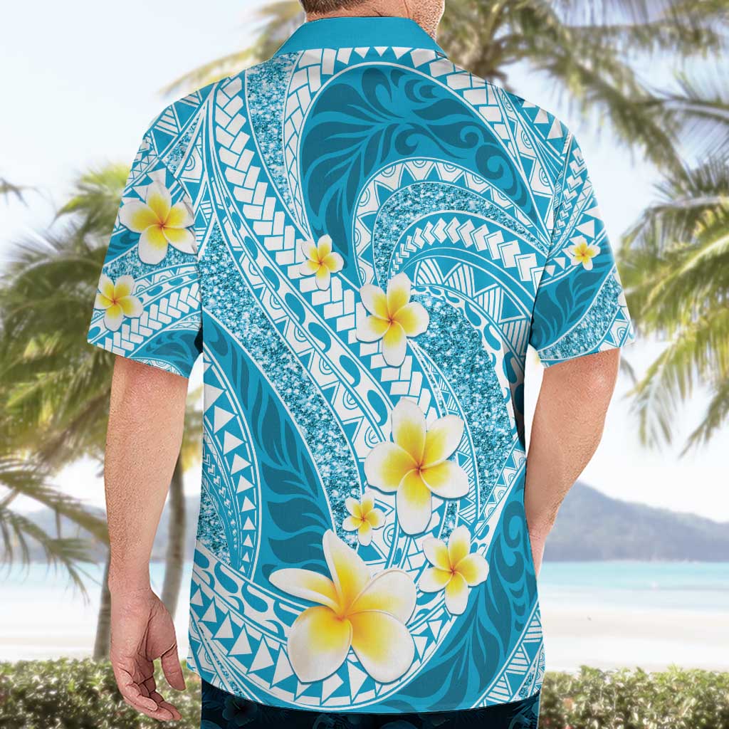 Plumeria Polynesian Sky Blue Glitter Pattern Hawaiian Shirt