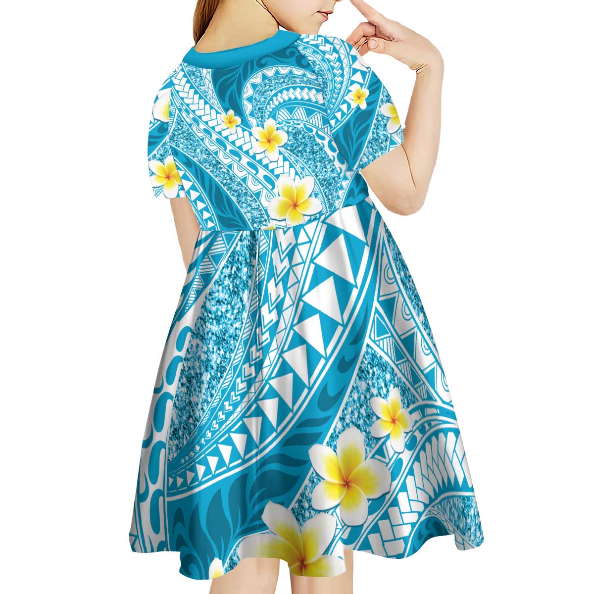 Plumeria Polynesian Sky Blue Glitter Pattern Kid Short Sleeve Dress LT01 - Polynesian Pride