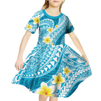 Plumeria Polynesian Sky Blue Glitter Pattern Kid Short Sleeve Dress LT01 - Polynesian Pride