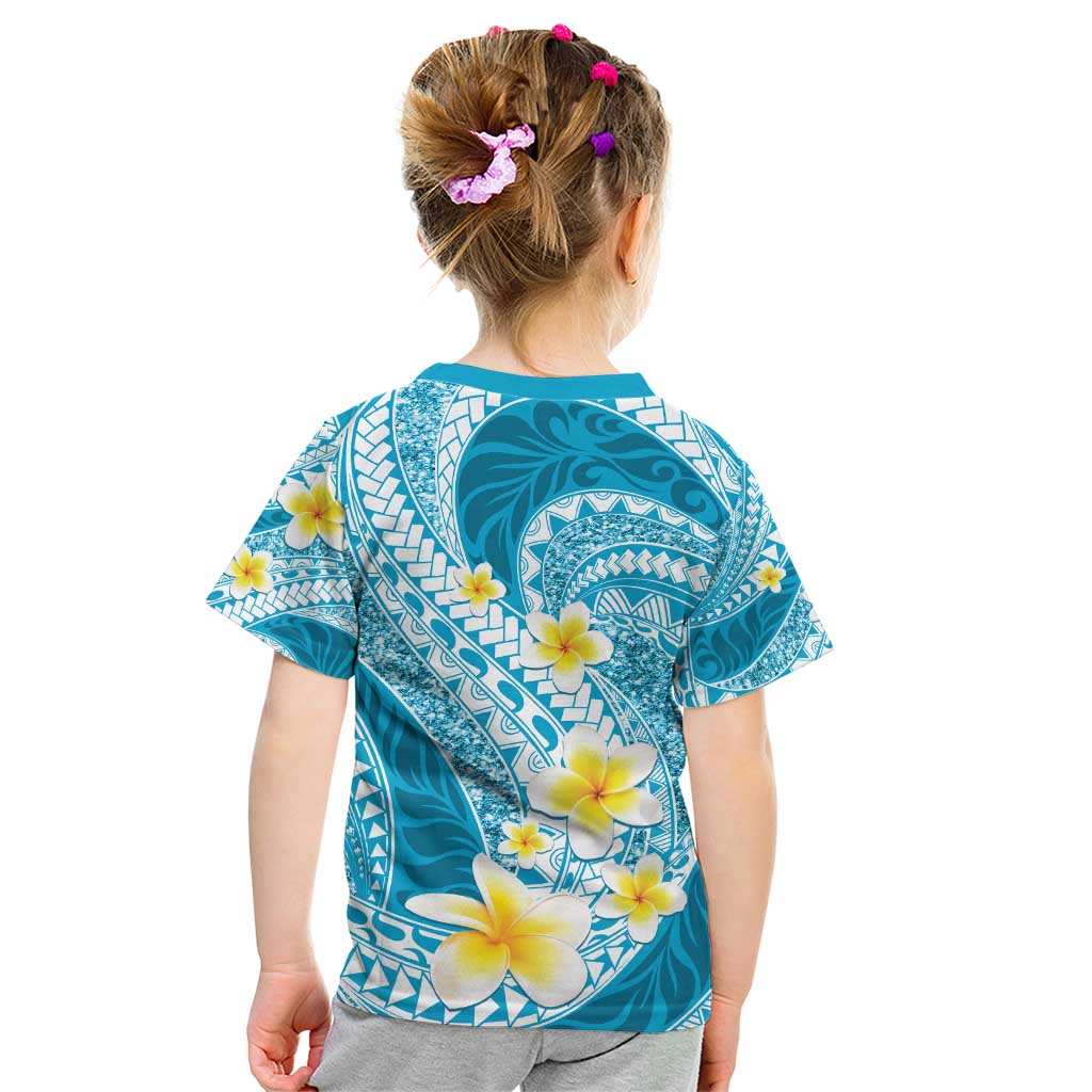 Plumeria Polynesian Sky Blue Glitter Pattern Kid T Shirt