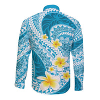 Plumeria Polynesian Sky Blue Glitter Pattern Long Sleeve Button Shirt LT01 - Polynesian Pride