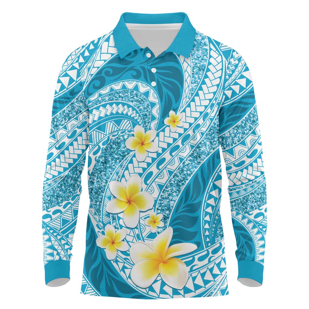 Plumeria Polynesian Sky Blue Glitter Pattern Long Sleeve Polo Shirt