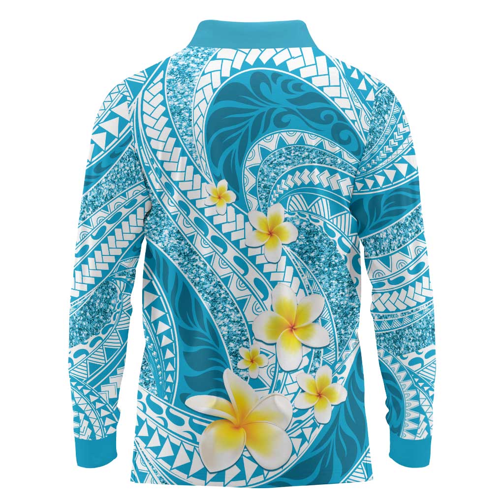 Plumeria Polynesian Sky Blue Glitter Pattern Long Sleeve Polo Shirt