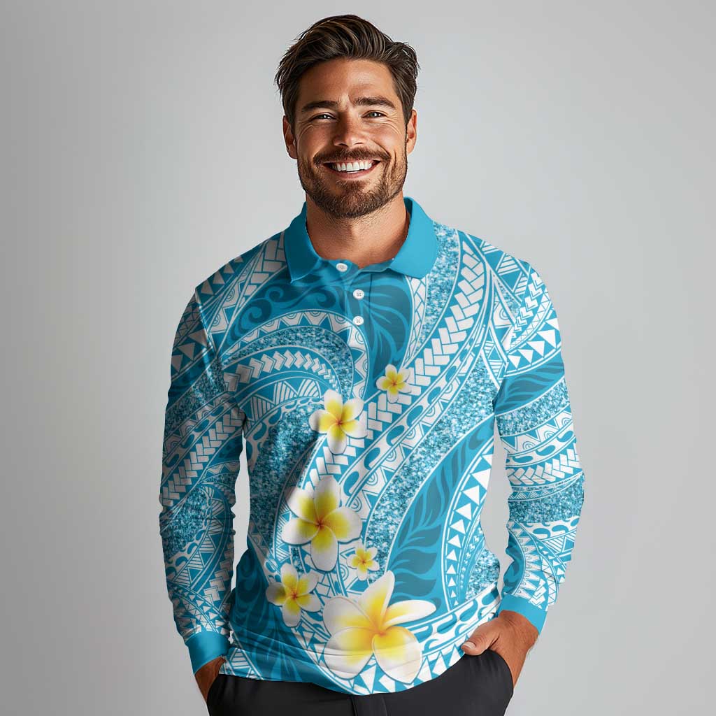 Plumeria Polynesian Sky Blue Glitter Pattern Long Sleeve Polo Shirt