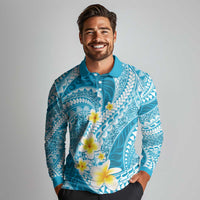 Plumeria Polynesian Sky Blue Glitter Pattern Long Sleeve Polo Shirt