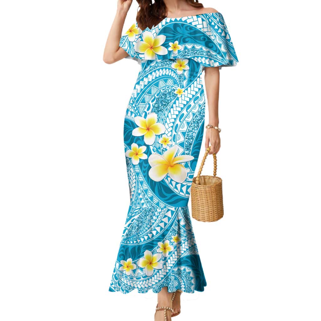 Plumeria Polynesian Sky Blue Glitter Pattern Mermaid Dress