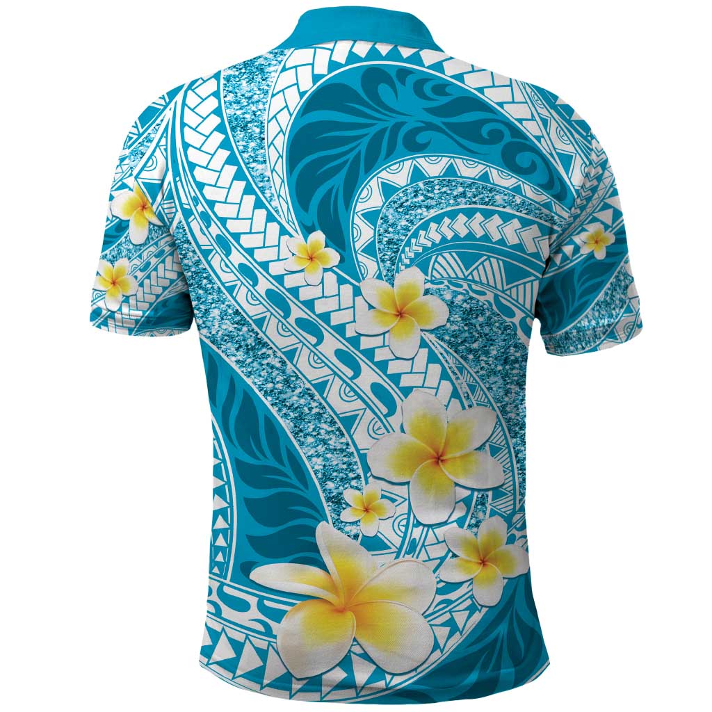 Plumeria Polynesian Sky Blue Glitter Pattern Polo Shirt