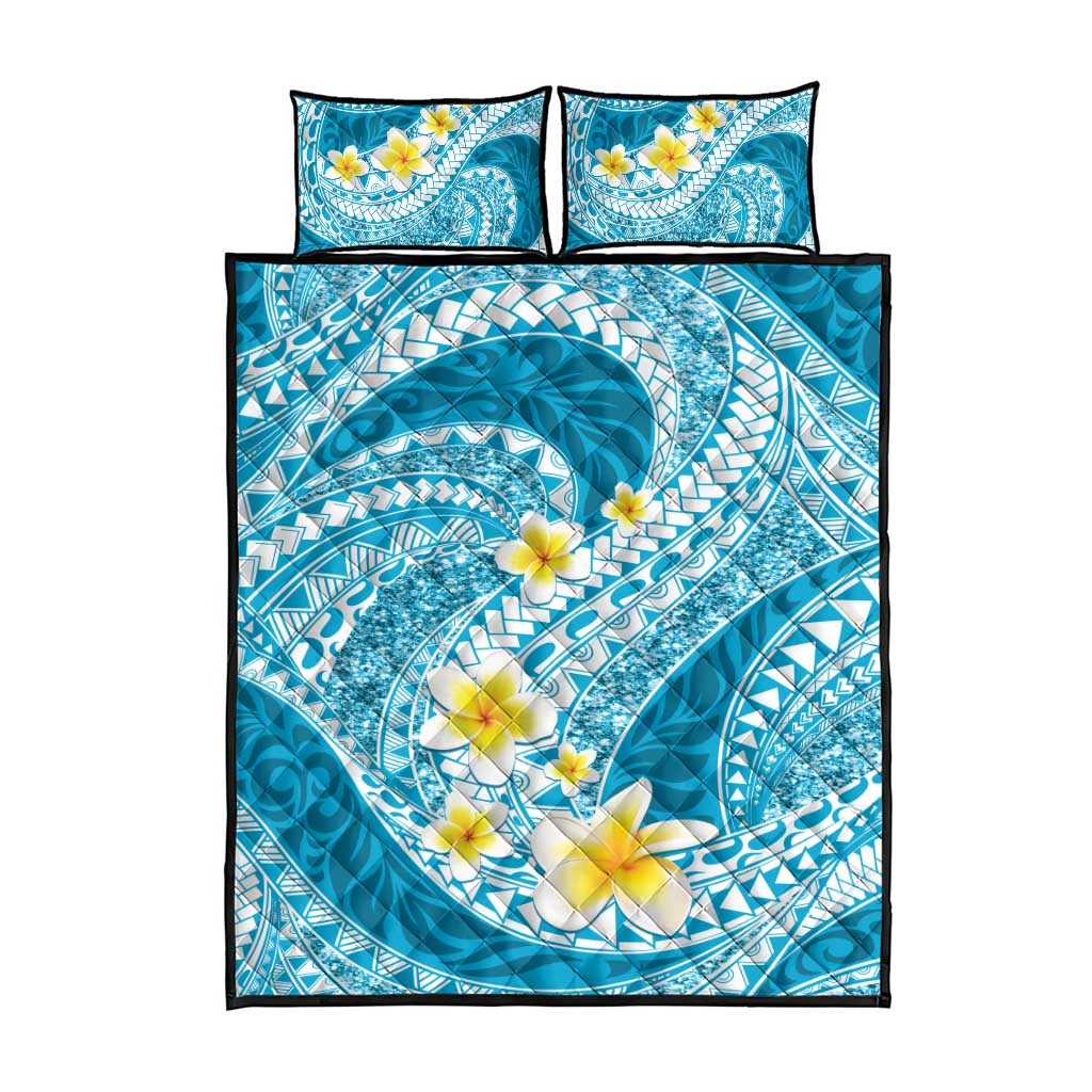 Plumeria Polynesian Sky Blue Glitter Pattern Quilt Bed Set