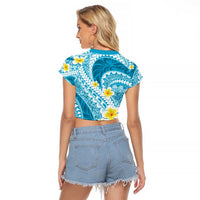 Plumeria Polynesian Sky Blue Glitter Pattern Raglan Cropped T Shirt