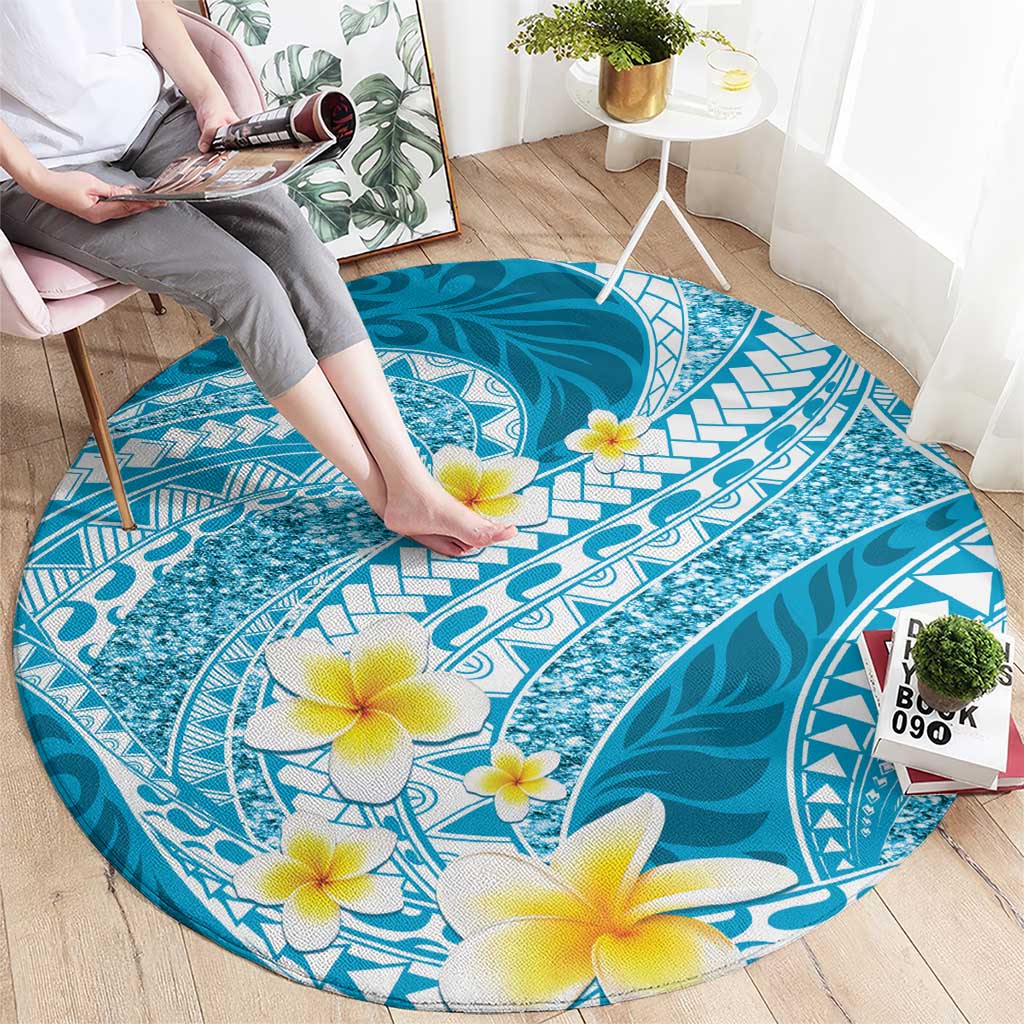 Plumeria Polynesian Sky Blue Glitter Pattern Round Carpet LT01 - Polynesian Pride