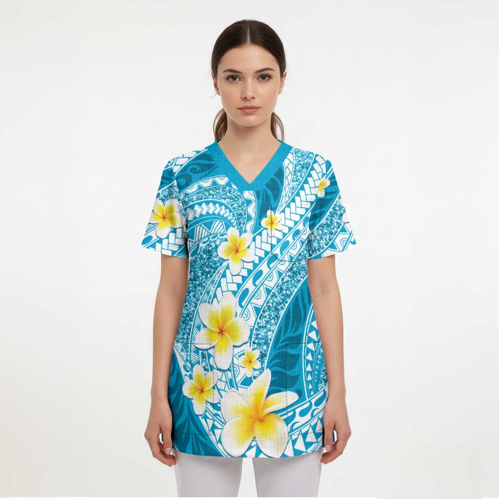 Plumeria Polynesian Sky Blue Glitter Pattern Scrub Top - Polynesian Pride