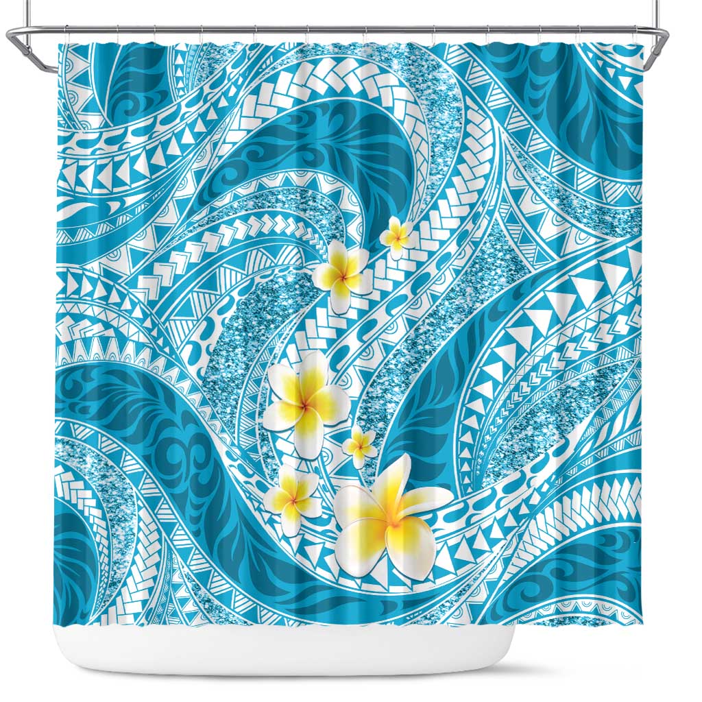 Plumeria Polynesian Sky Blue Glitter Pattern Shower Curtain LT01 Sky Blue - Polynesian Pride