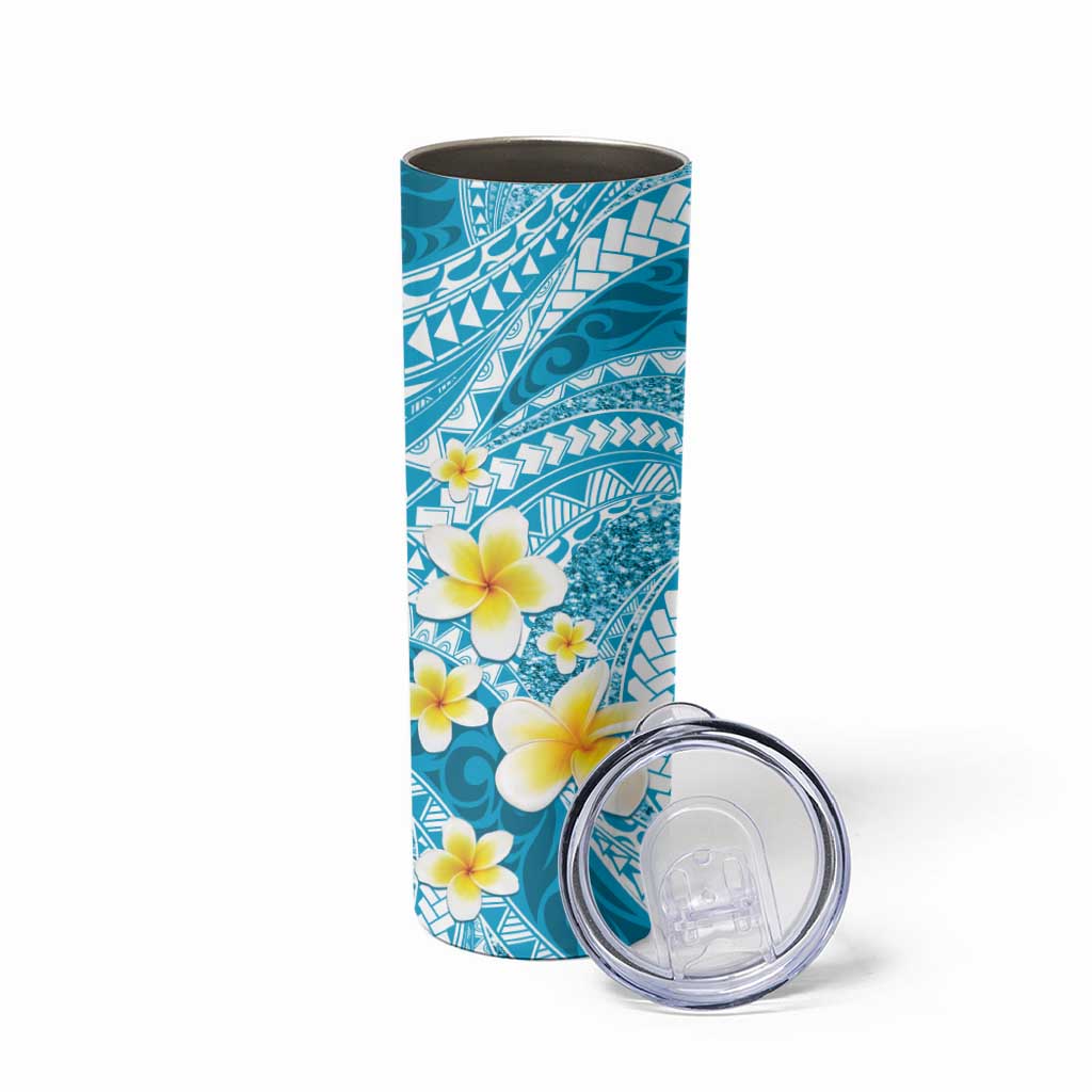 Plumeria Polynesian Sky Blue Glitter Pattern Skinny Tumbler