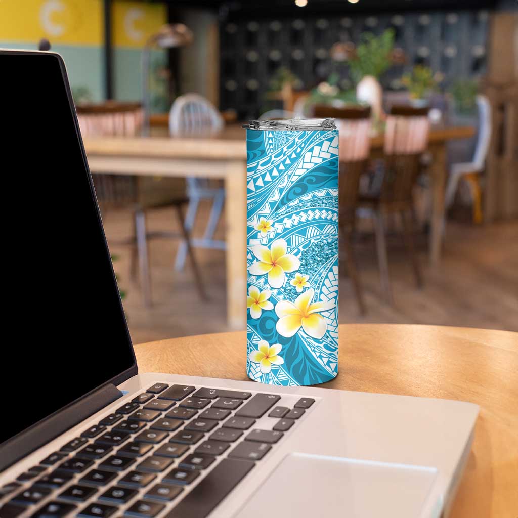 Plumeria Polynesian Sky Blue Glitter Pattern Skinny Tumbler
