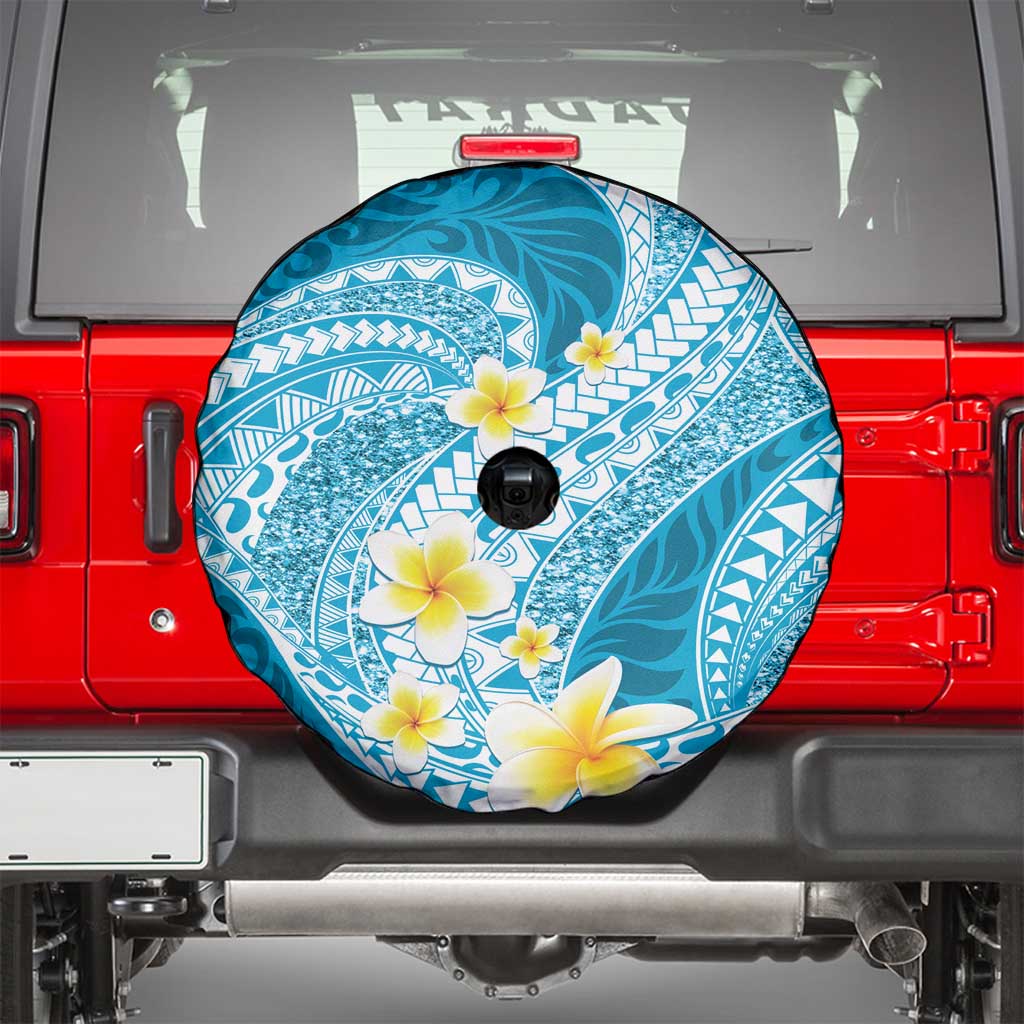 Plumeria Polynesian Sky Blue Glitter Pattern Spare Tire Cover