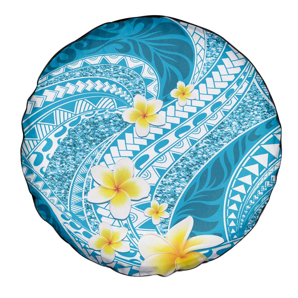 Plumeria Polynesian Sky Blue Glitter Pattern Spare Tire Cover