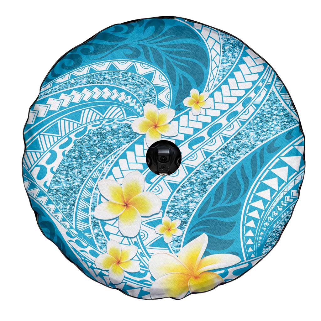 Plumeria Polynesian Sky Blue Glitter Pattern Spare Tire Cover
