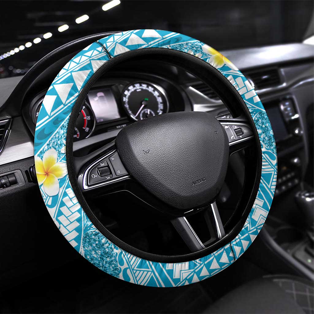 Plumeria Polynesian Sky Blue Glitter Pattern Steering Wheel Cover LT01 Universal Fit Sky Blue - Polynesian Pride
