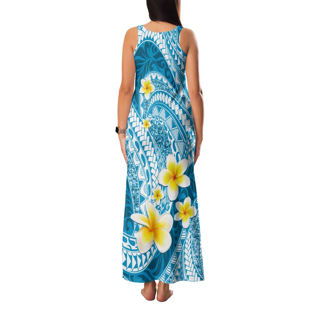 Plumeria Polynesian Sky Blue Glitter Pattern Tank Maxi Dress LT01 - Polynesian Pride