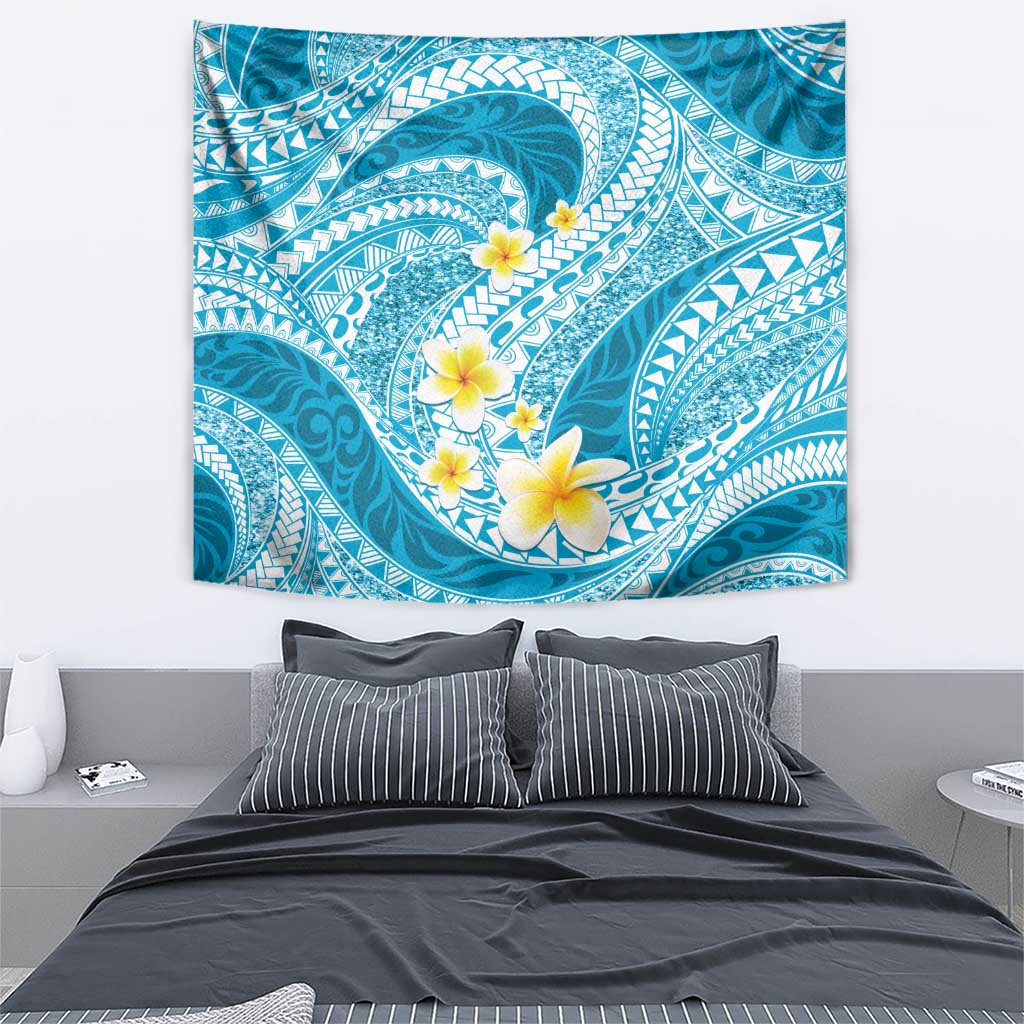 Plumeria Polynesian Sky Blue Glitter Pattern Tapestry