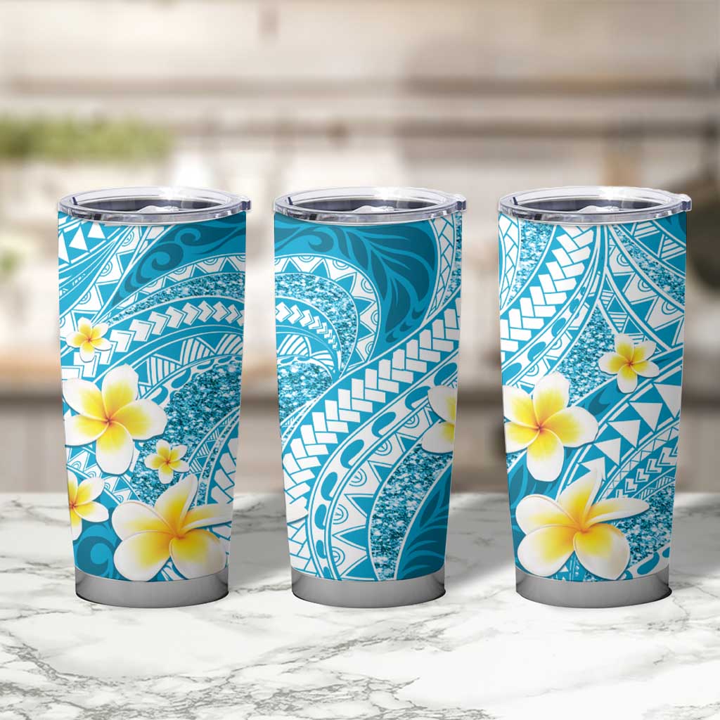 Plumeria Polynesian Sky Blue Glitter Pattern Tumbler Cup