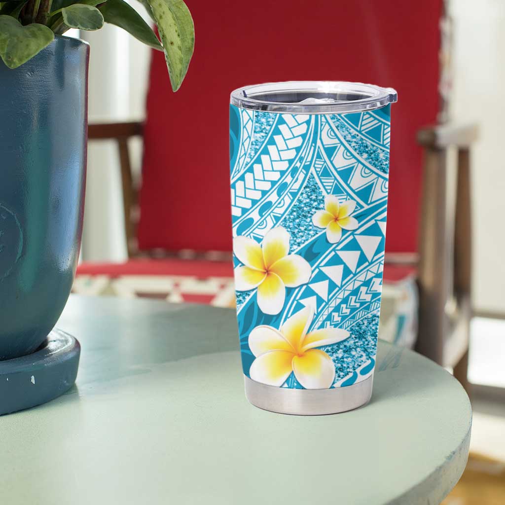 Plumeria Polynesian Sky Blue Glitter Pattern Tumbler Cup
