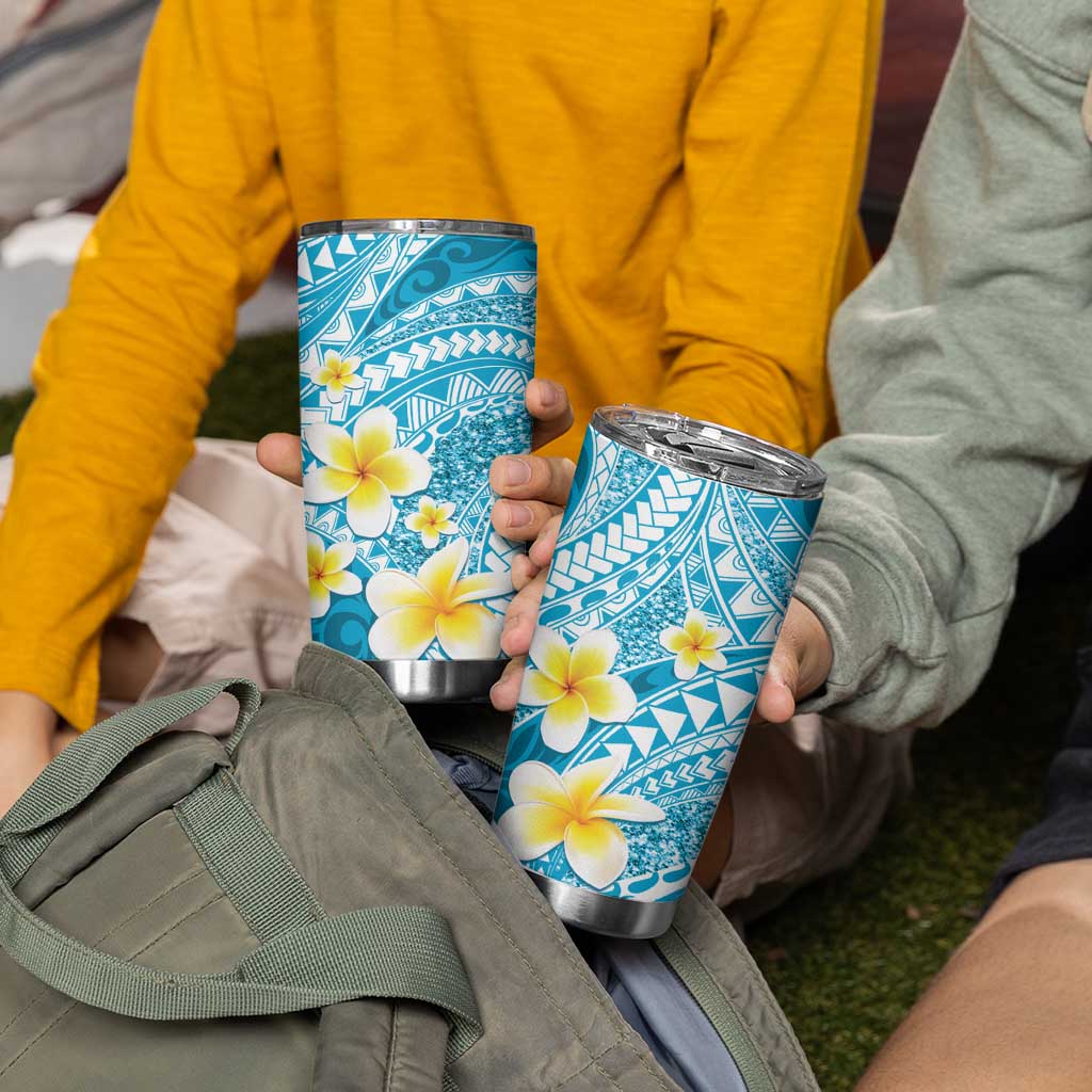 Plumeria Polynesian Sky Blue Glitter Pattern Tumbler Cup
