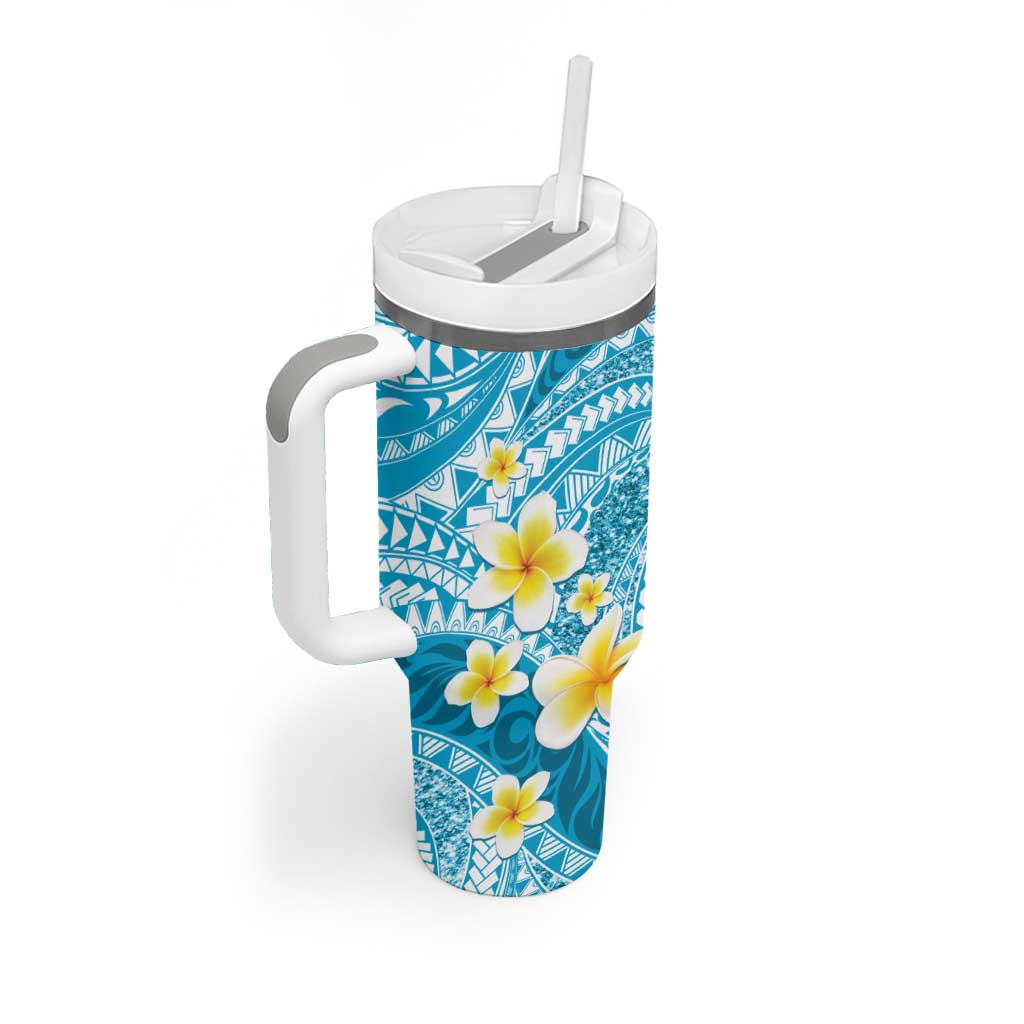Plumeria Polynesian Sky Blue Glitter Pattern Tumbler With Handle