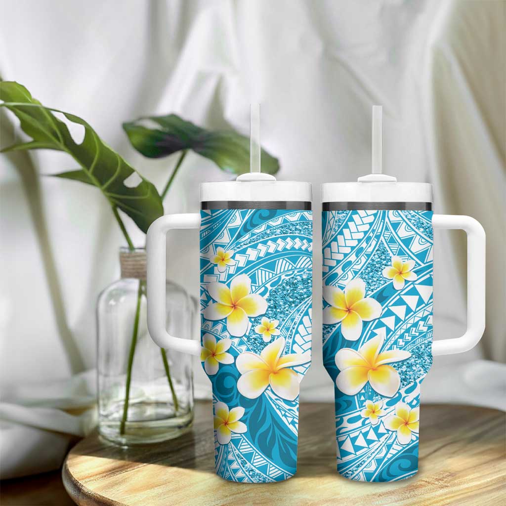 Plumeria Polynesian Sky Blue Glitter Pattern Tumbler With Handle