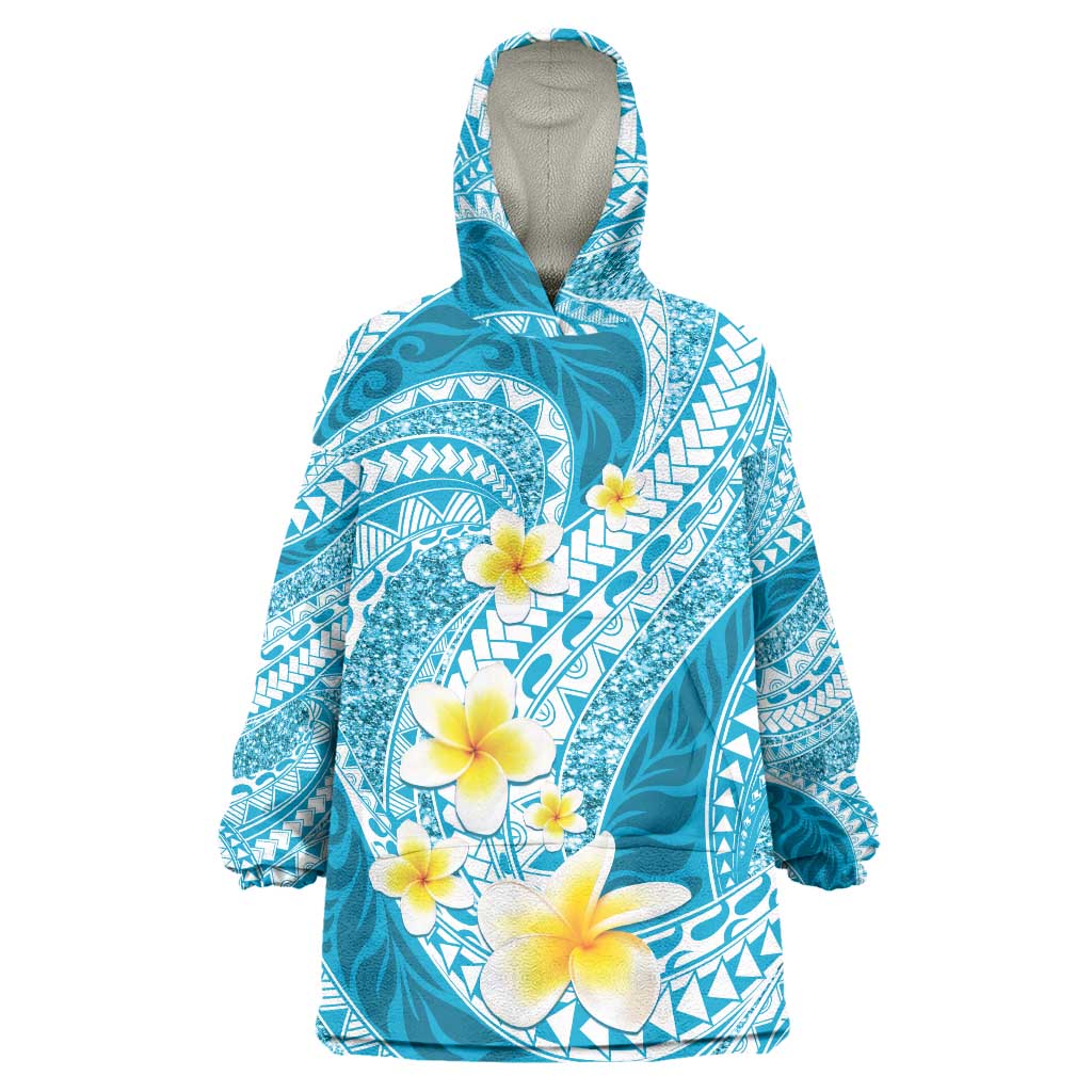 Plumeria Polynesian Sky Blue Glitter Pattern Wearable Blanket Hoodie
