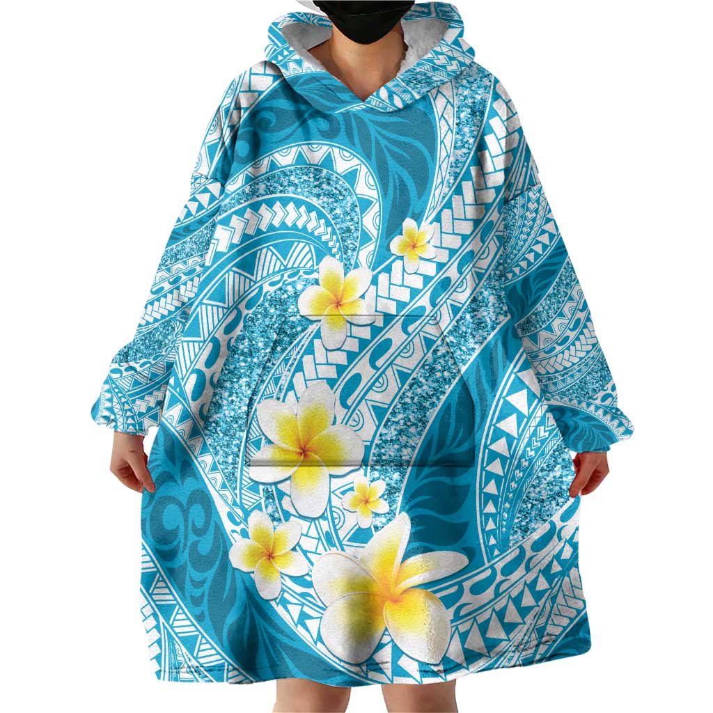 Plumeria Polynesian Sky Blue Glitter Pattern Wearable Blanket Hoodie