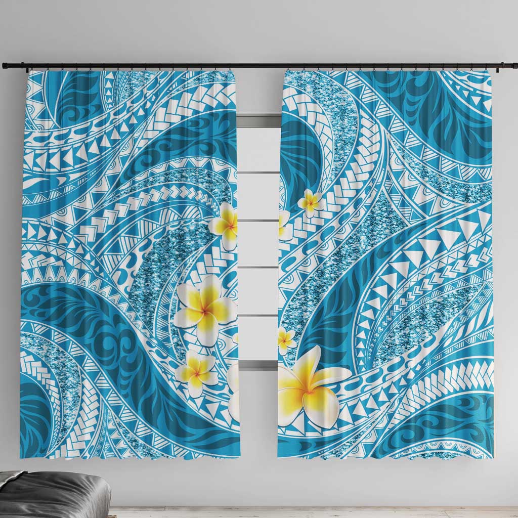 Plumeria Polynesian Sky Blue Glitter Pattern Window Curtain LT01 With Hooks Sky Blue - Polynesian Pride