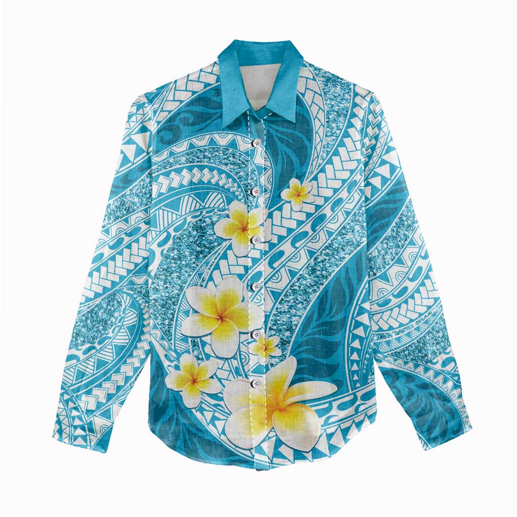 Plumeria Polynesian Sky Blue Glitter Pattern Women Casual Shirt