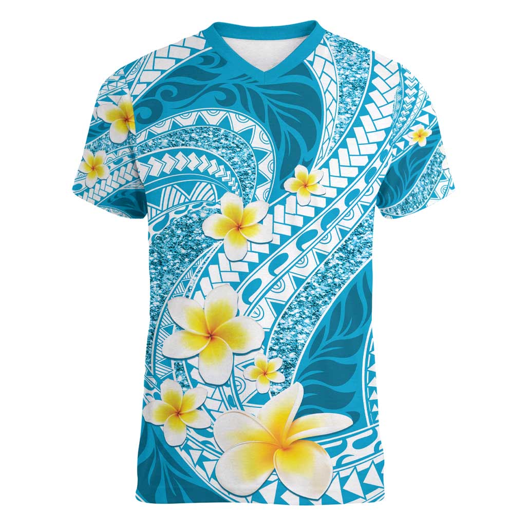 Plumeria Polynesian Sky Blue Glitter Pattern Women V-Neck T-Shirt