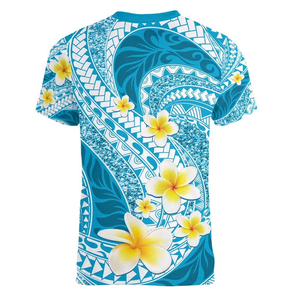 Plumeria Polynesian Sky Blue Glitter Pattern Women V-Neck T-Shirt