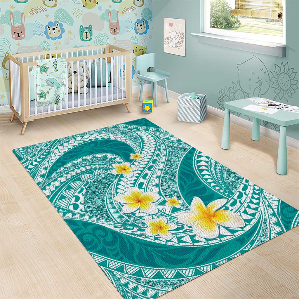 Plumeria Polynesian Teal Glitter Pattern Area Rug