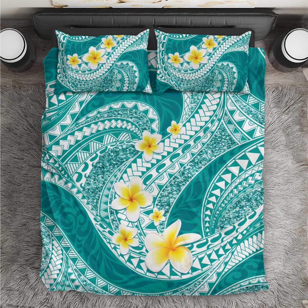 Plumeria Polynesian Teal Glitter Pattern Bedding Set LT01 Teal - Polynesian Pride