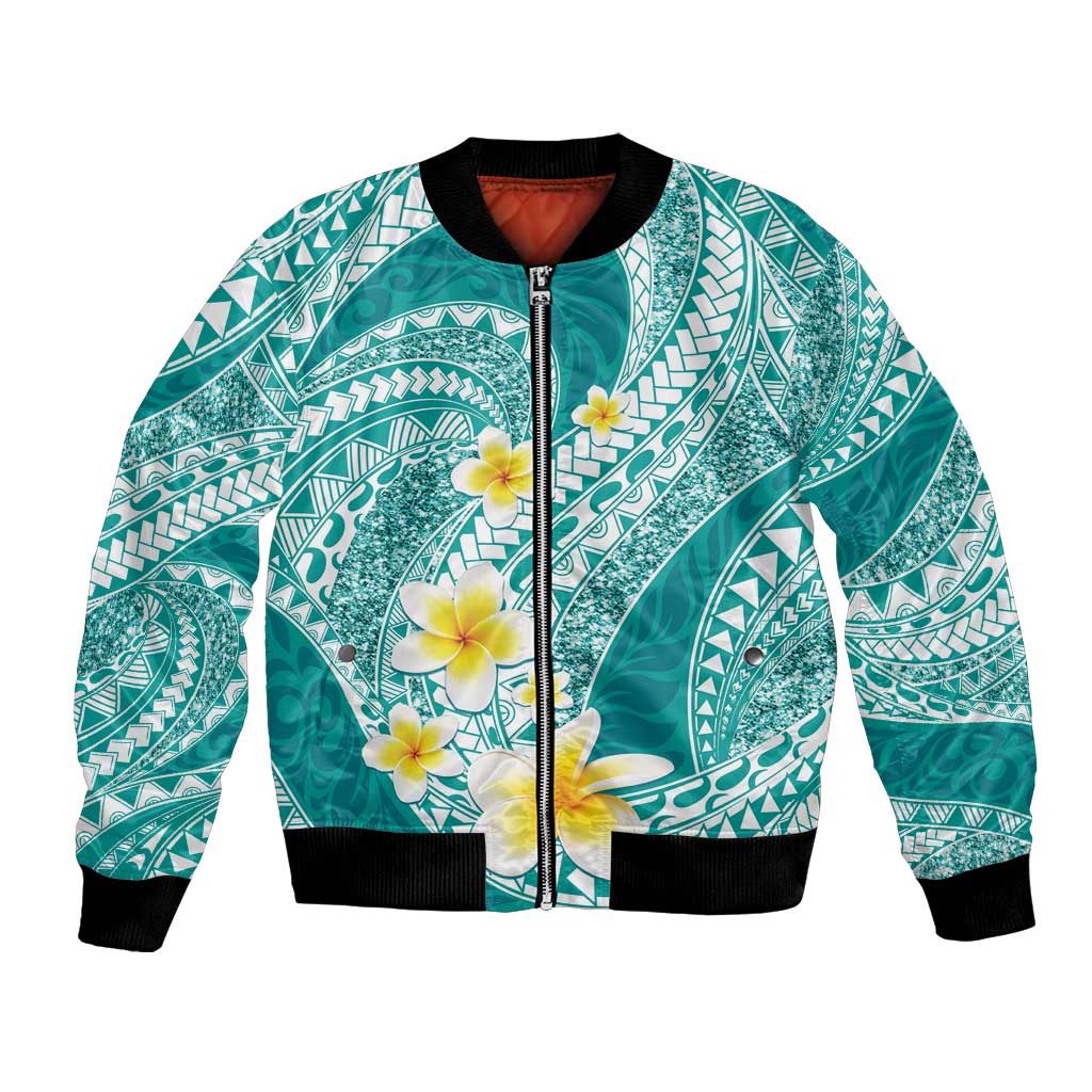 Plumeria Polynesian Teal Glitter Pattern Bomber Jacket LT01 Unisex Teal - Polynesian Pride
