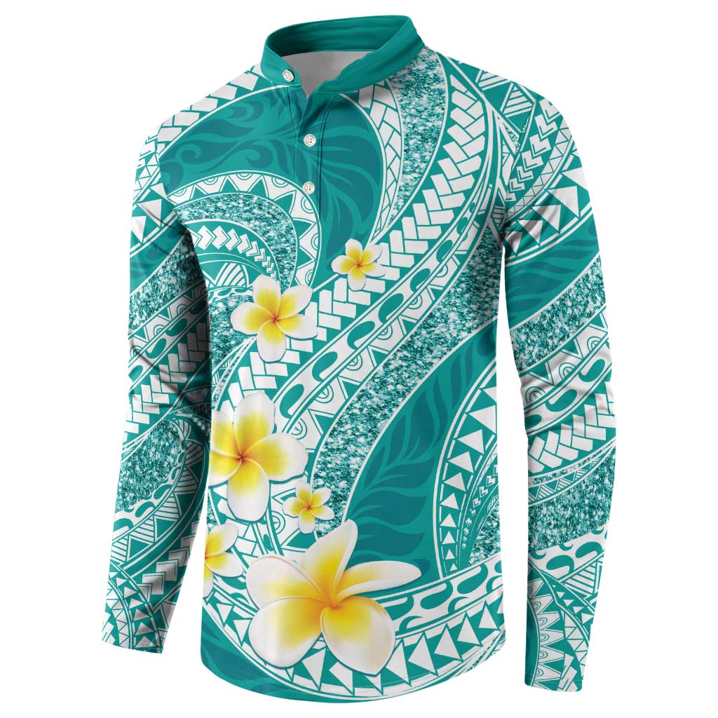 Plumeria Polynesian Teal Glitter Pattern Button Sweatshirt LT01 - Polynesian Pride