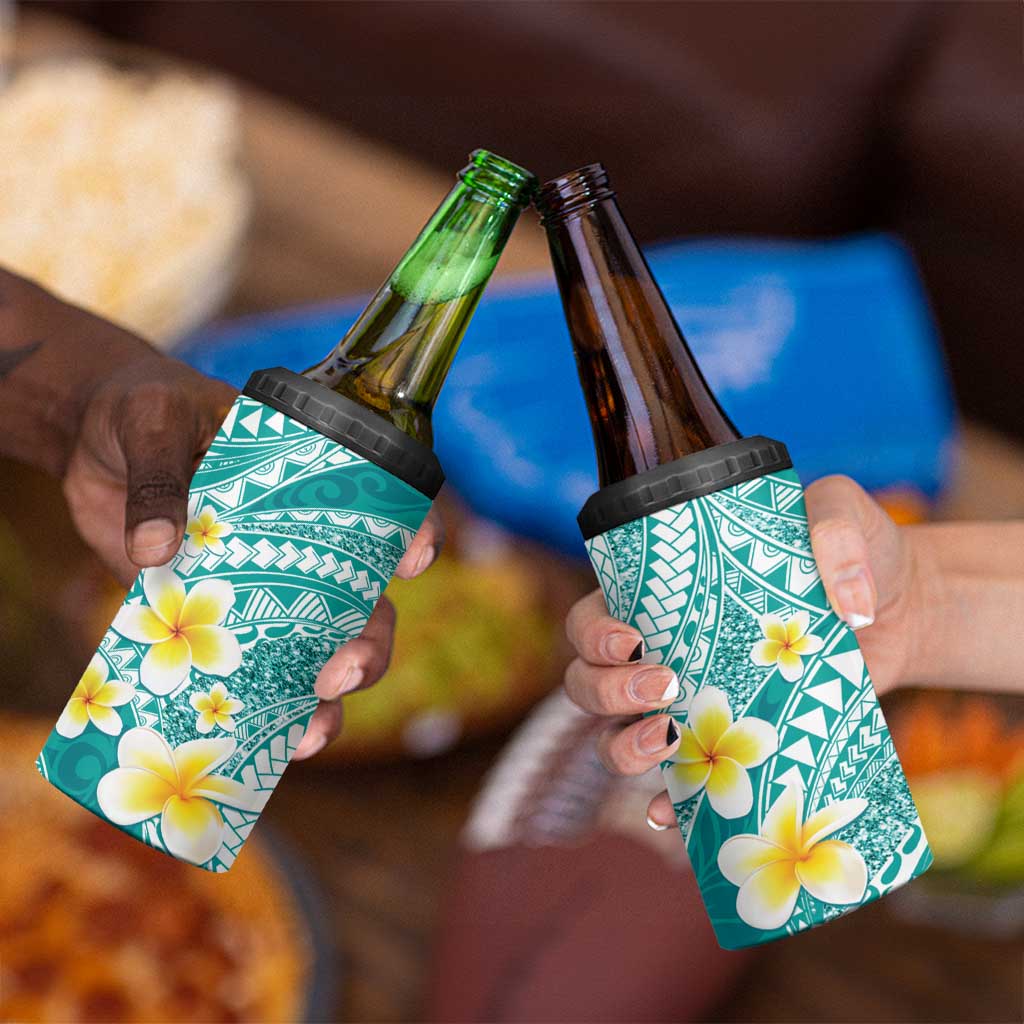 Plumeria Polynesian Teal Glitter Pattern 4 in 1 Can Cooler Tumbler