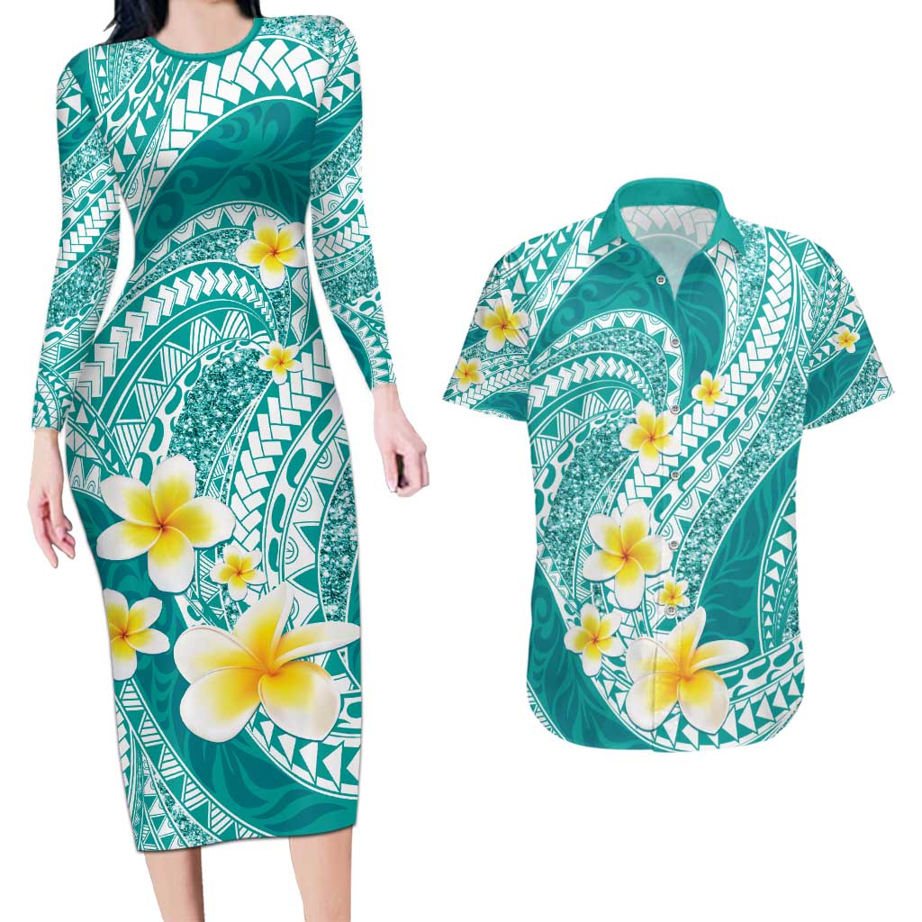 Plumeria Polynesian Teal Glitter Pattern Couples Matching Long Sleeve Bodycon Dress and Hawaiian Shirt