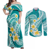 Plumeria Polynesian Teal Glitter Pattern Couples Matching Off Shoulder Maxi Dress and Long Sleeve Button Shirt LT01 Teal - Polynesian Pride