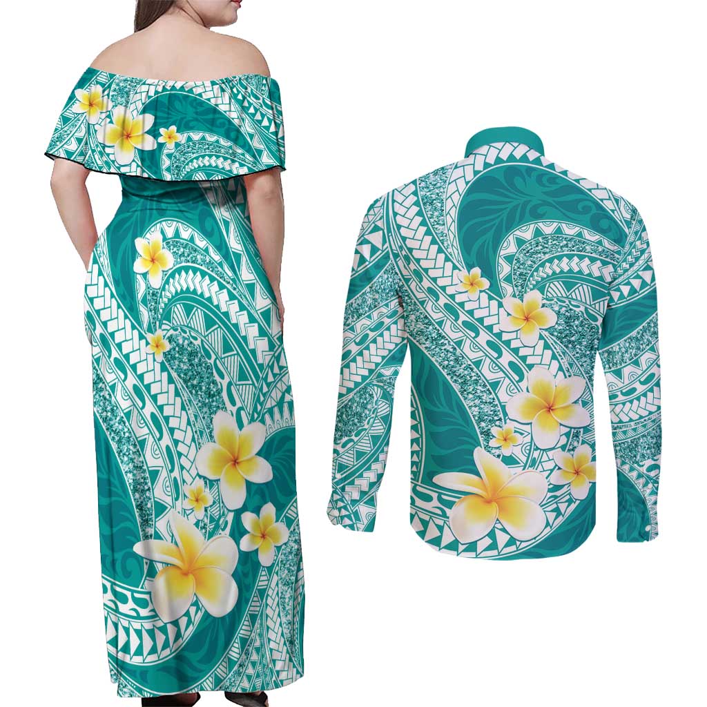Plumeria Polynesian Teal Glitter Pattern Couples Matching Off Shoulder Maxi Dress and Long Sleeve Button Shirt LT01 - Polynesian Pride
