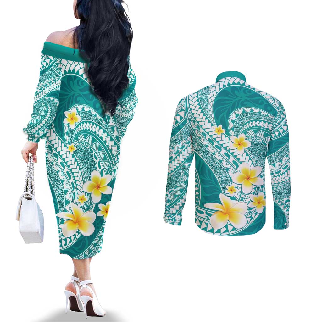 Plumeria Polynesian Teal Glitter Pattern Couples Matching Off The Shoulder Long Sleeve Dress and Long Sleeve Button Shirt LT01 - Polynesian Pride