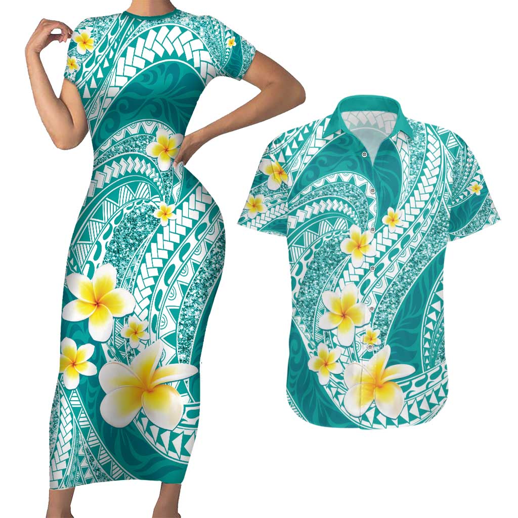 Plumeria Polynesian Teal Glitter Pattern Couples Matching Short Sleeve Bodycon Dress and Hawaiian Shirt