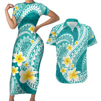 Plumeria Polynesian Teal Glitter Pattern Couples Matching Short Sleeve Bodycon Dress and Hawaiian Shirt