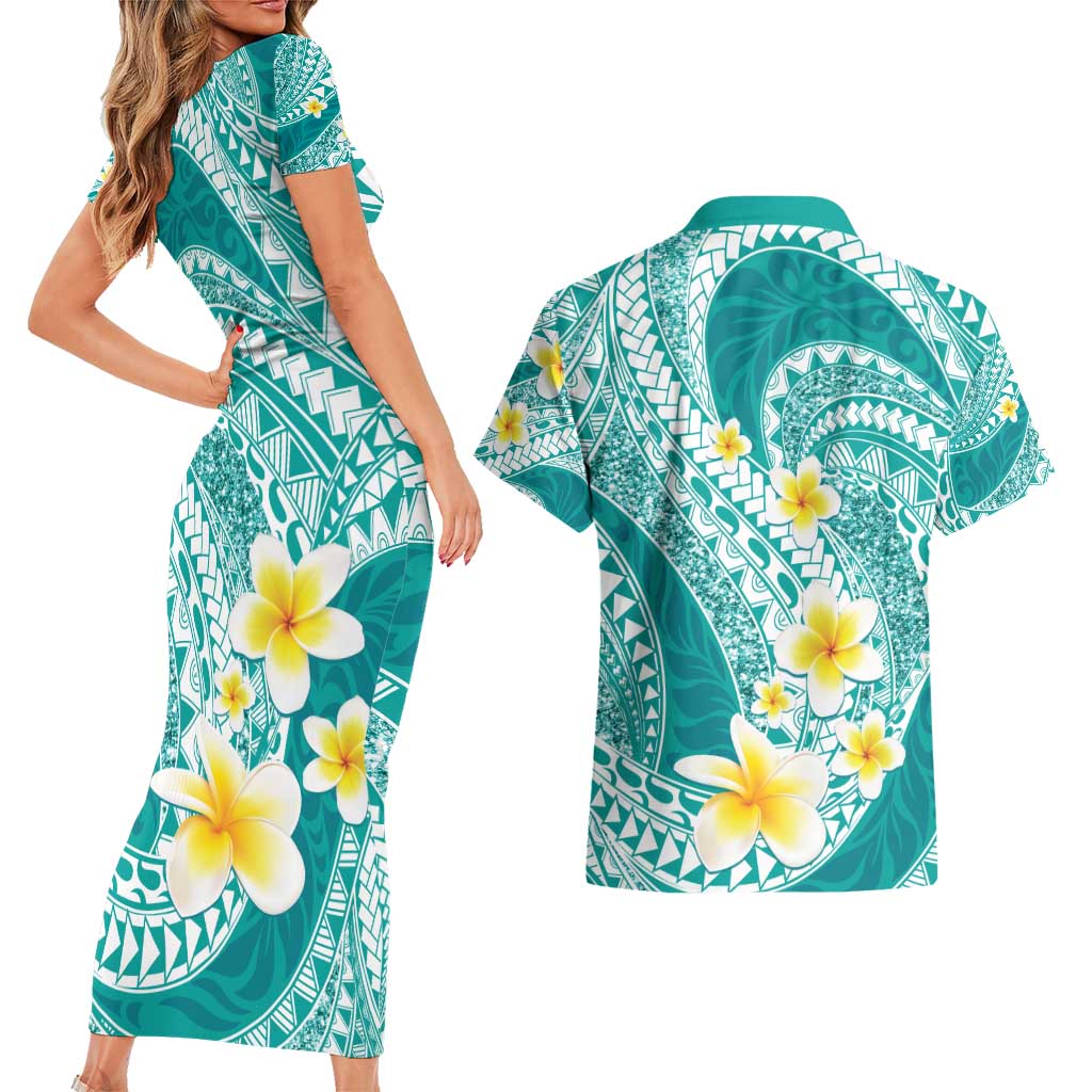 Plumeria Polynesian Teal Glitter Pattern Couples Matching Short Sleeve Bodycon Dress and Hawaiian Shirt