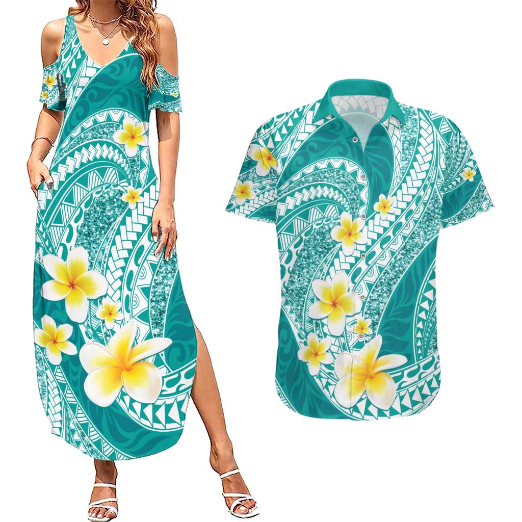 Plumeria Polynesian Teal Glitter Pattern Couples Matching Summer Maxi Dress and Hawaiian Shirt